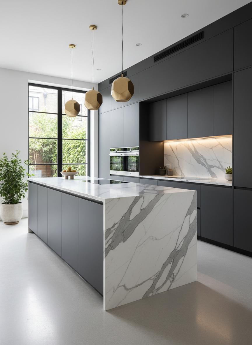 Modern kitchen with black island and marble countertop